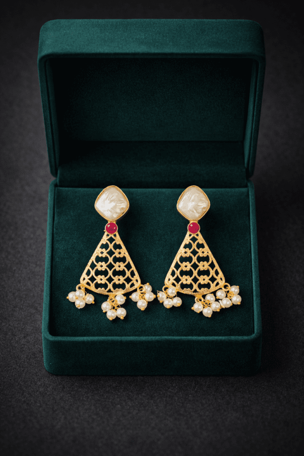 Gold chandelier earrings in velvet box