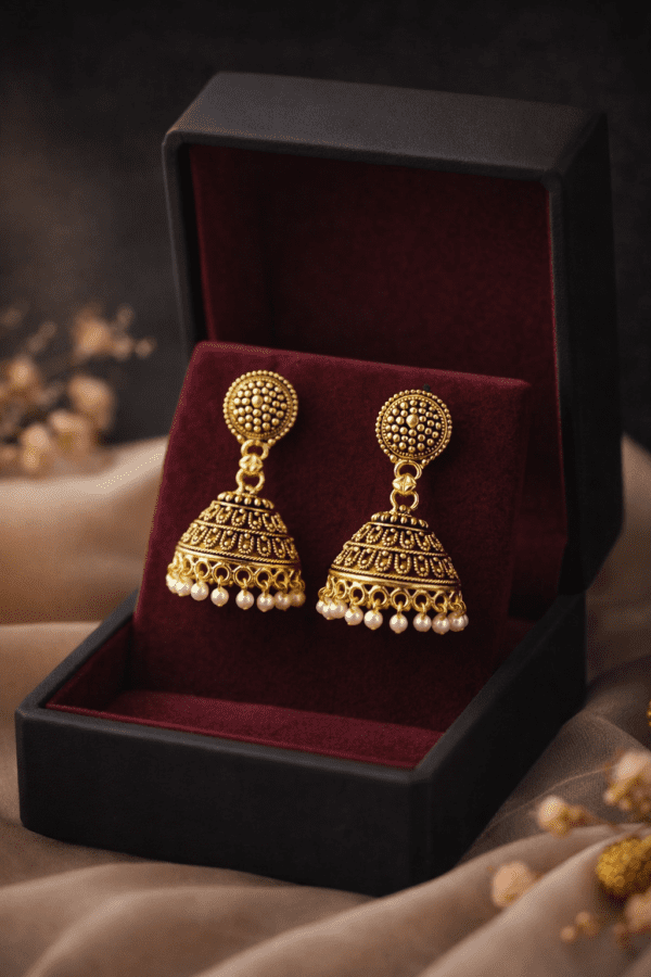 Gold jhumka earrings in velvet box (1)