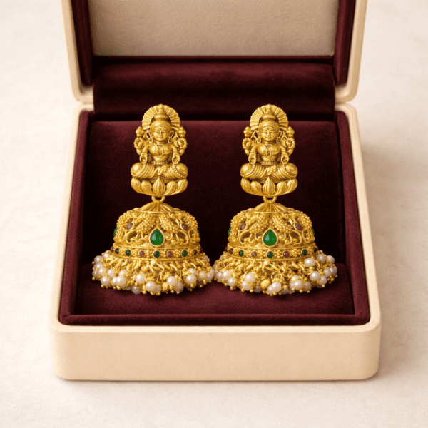 Lakshmi temple jhumkas in velvet box Lakshmi temple jhumkas in velvet box