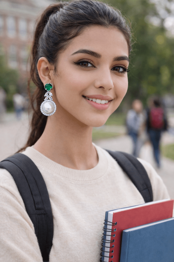 PinkWynk Green Stone Pearl Drop Silver Earrings