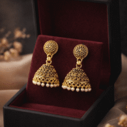 Gold jhumka earrings in velvet box (1)