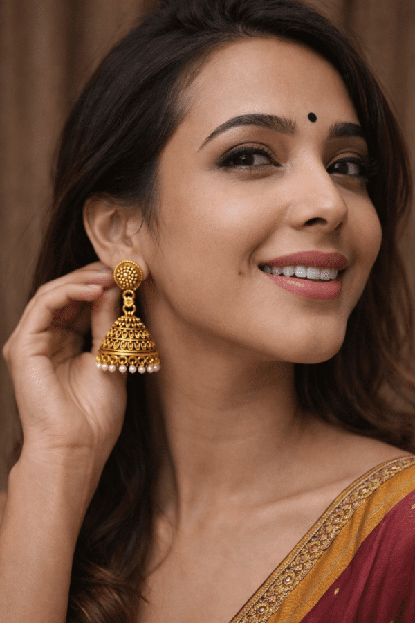 PinkWynk Antique Gold Pearl Drop Jhumka Earrings