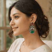 PinkWynk Oxidized Silver Green Oval Stone Ethnic Earrings