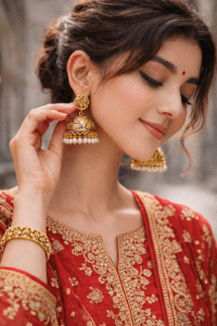Antique Gold Floral Jhumka Earrings with Pearl Drop Detailing