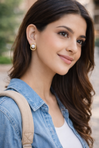 PinkWynk Golden Oval Pearl Stud Earrings