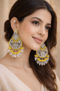 PinkWynk Yellow Bead Crystal Chandbali Earrings