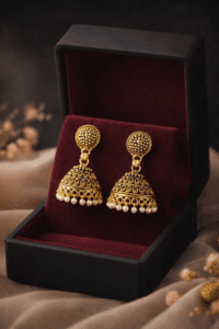 Gold jhumka earrings in velvet box (1)